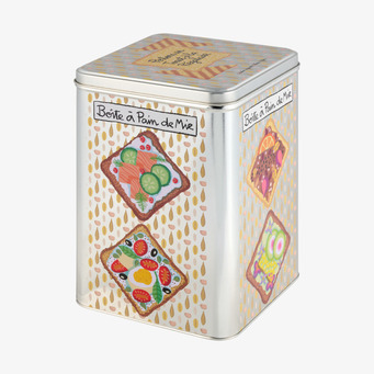 Foto: Plåtburk för bröd med smörgåsmotiv, vit burk