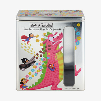 Foto: Plåtburk för flingor med drake och fönster