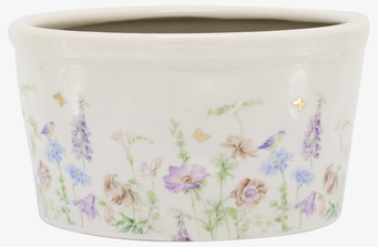 Foto: Rund kruka i ljus keramik med blommor & guldfjärilar