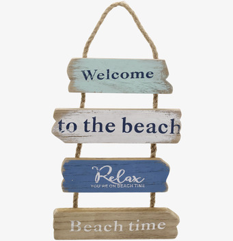 Foto: Hängande träskylt med rep, Welcome beach time