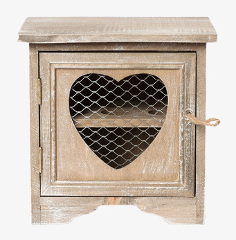 Foto av litet trähängskåp med hjärta och nätlucka