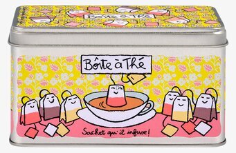 Bild av färgglad plåtburk för tepåsar med lekfull design