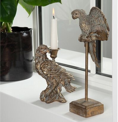 Foto på fönsterbräda med papegoja, ljus och växt