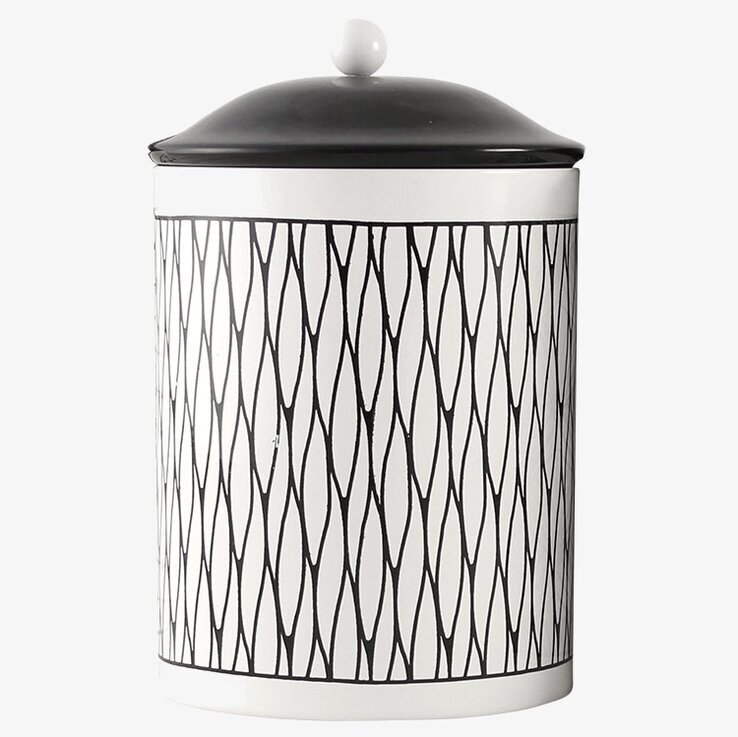 Plåtburk Sickan från Strömshaga med svartvitt mönster