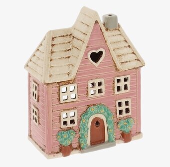 Foto: Rosa husformat keramiklykte med hjärtfönster