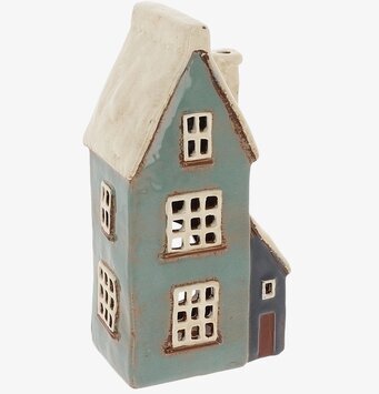 Foto av husformad keramisk ljuslykta blågrön vit tak