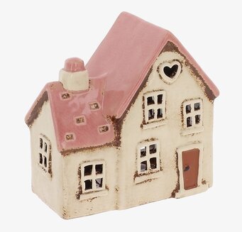 Foto på husformad ljuslykta i keramik med hjärta