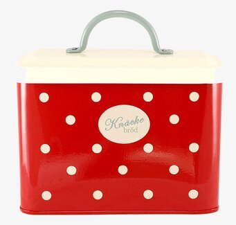 Bild av röd plåtburk med vita prickar och krämvitt lock