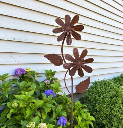 Bild: Rostig vindsnurra vid vit fasad och hortensia