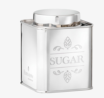 Foto: Blank silverfärgad sockerburk i metall, gravyr