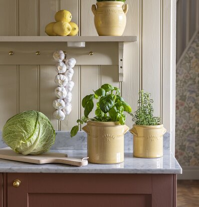 Foto: Gul kruka med örter på marmorbänk i kökshörna