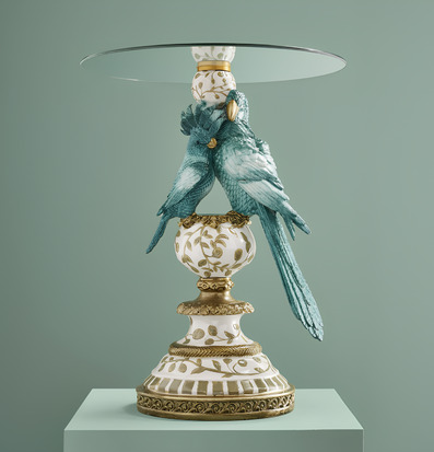 Foto: Sidobord med papegojor i grön/turkos glas 