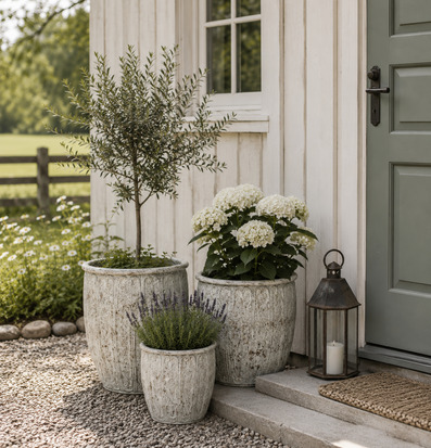 Foto: Stillsam entré med krukor, hortensia, lavendel