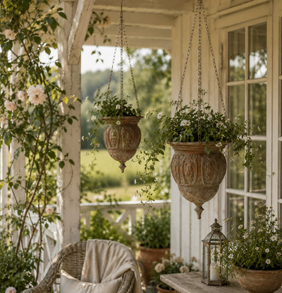 Foto: Patinerade amplar med vita blommor på veranda