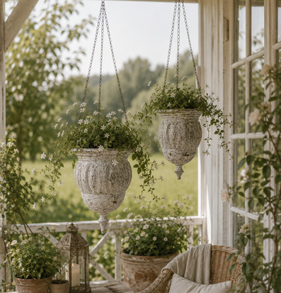 Bild: Ljus veranda med två amplar och vita blommor