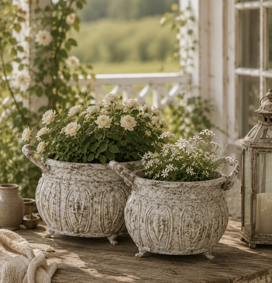 Bild: Patinerade askgrå krukor med vita blommor
