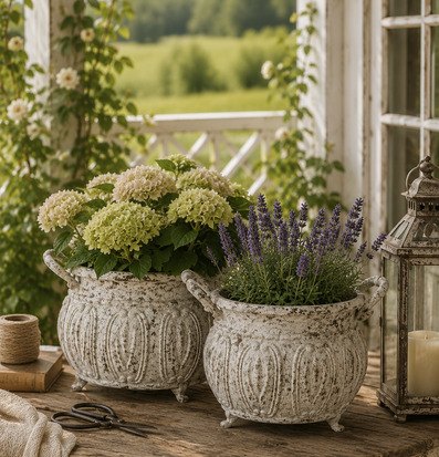Foto: Patinerade krukor med hortensia och lavendel