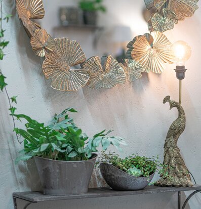 Foto: Spegel i metallblad och varm lampa med växter