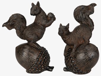 Foto: Två ekorrfigurer på ekollon, brun metallisk