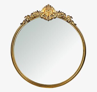 Foto: Rund väggspegel i guld med ornament upptill
