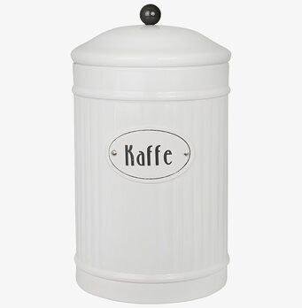 Foto: Vit plåtburk för kaffe med lock och etikett