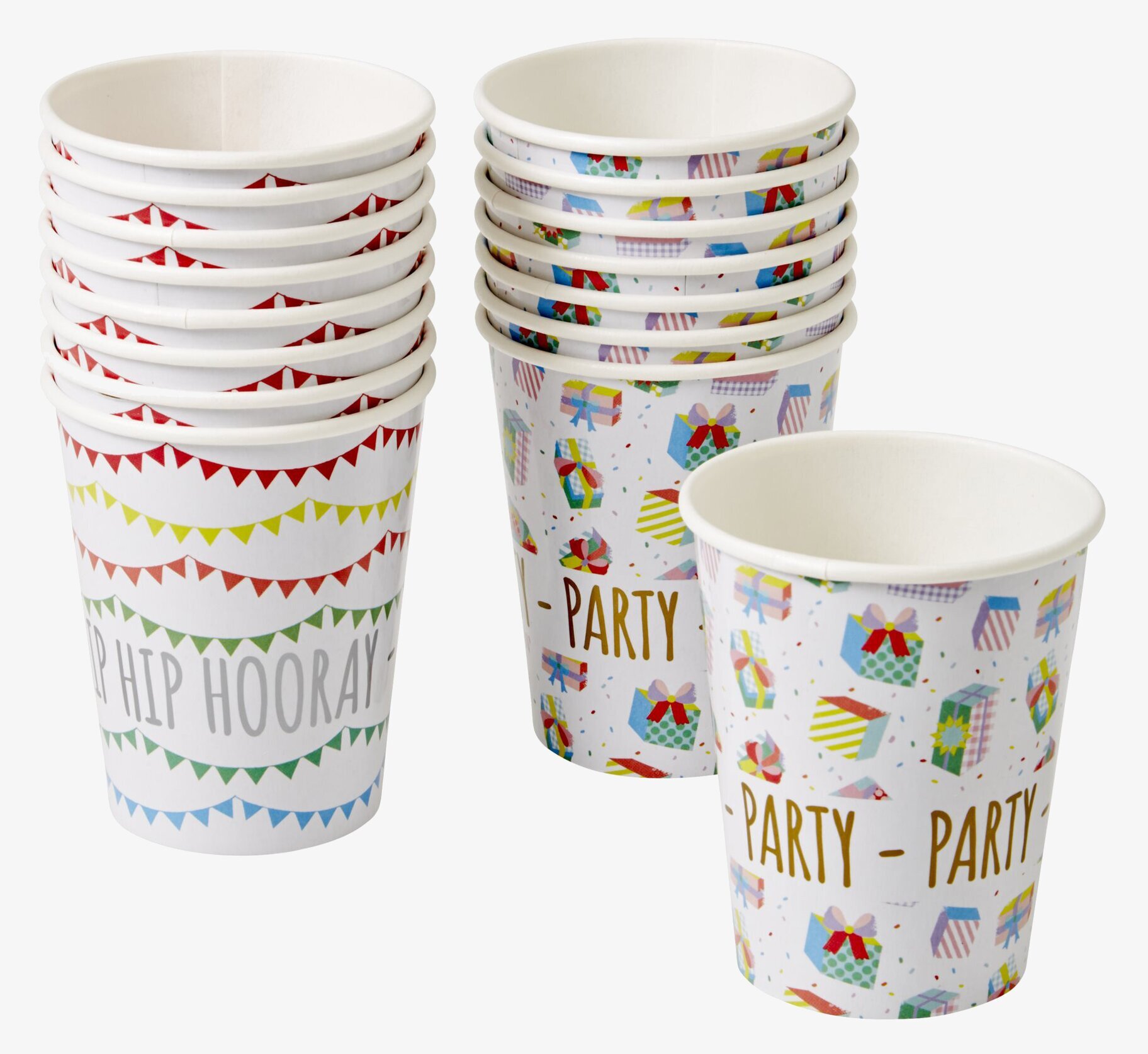 Muggar för kalas från Rice med festliga mönster och text