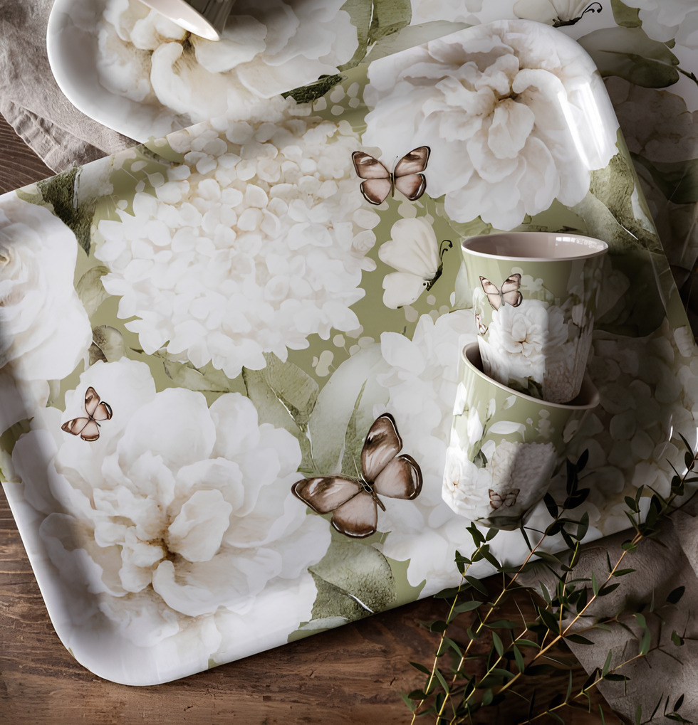 Bricka Hortensia & Butterflies Grön - Majas Cottage Vit Serveringsbrickor Brickset Serveringsfat