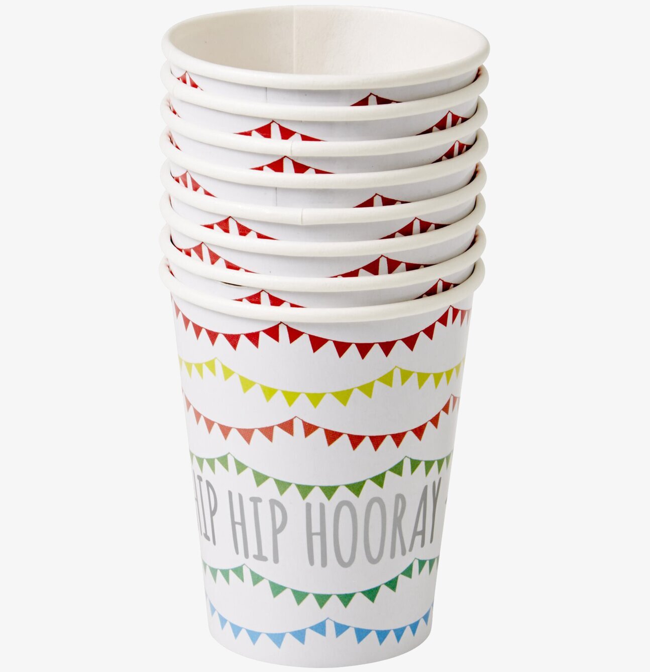 Muggar för kalas från Rice med färgglada vimplar och text