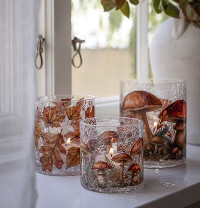 Foto: Höstliga glaslyktor med svampmotiv i fönster