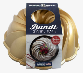 Foto: Guldfärgad spiralformad bakform med etikett