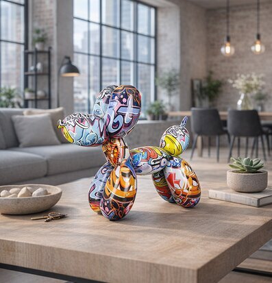 Bild: Flerfärgad ballonghund på soffbord i loftmiljö