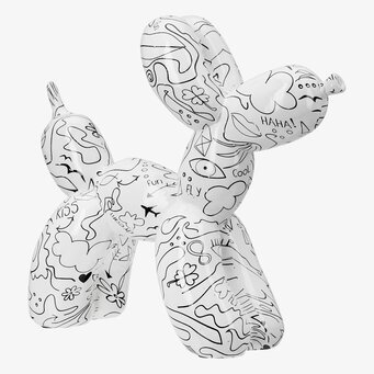 Foto på vit ballonghund med svart line art-mönster