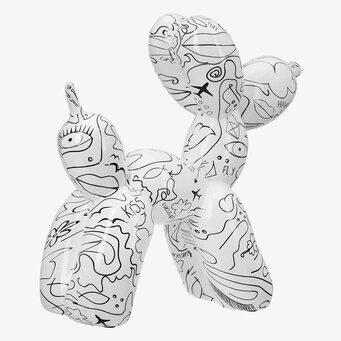 Foto: Vit ballonghund med svart line art-mönster