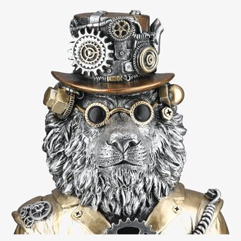 Foto: Steampunk lejonbyst i silver och guld, vit bakgrund