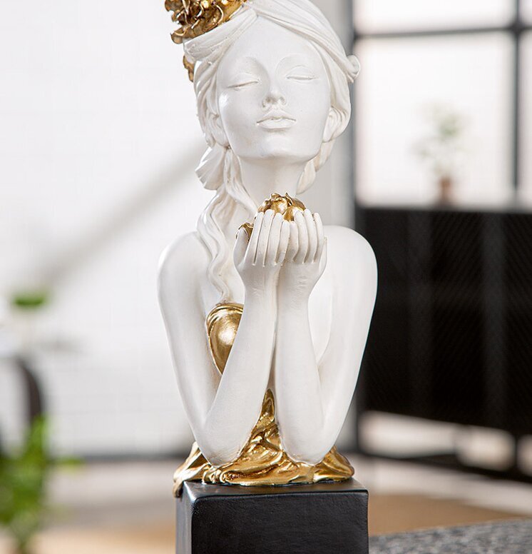 Skulptur Kvinna Med Rosor Vit Guld Gilde Statyer, statyetter, figuriner för inomhusbruk eller altaner Ballerinor