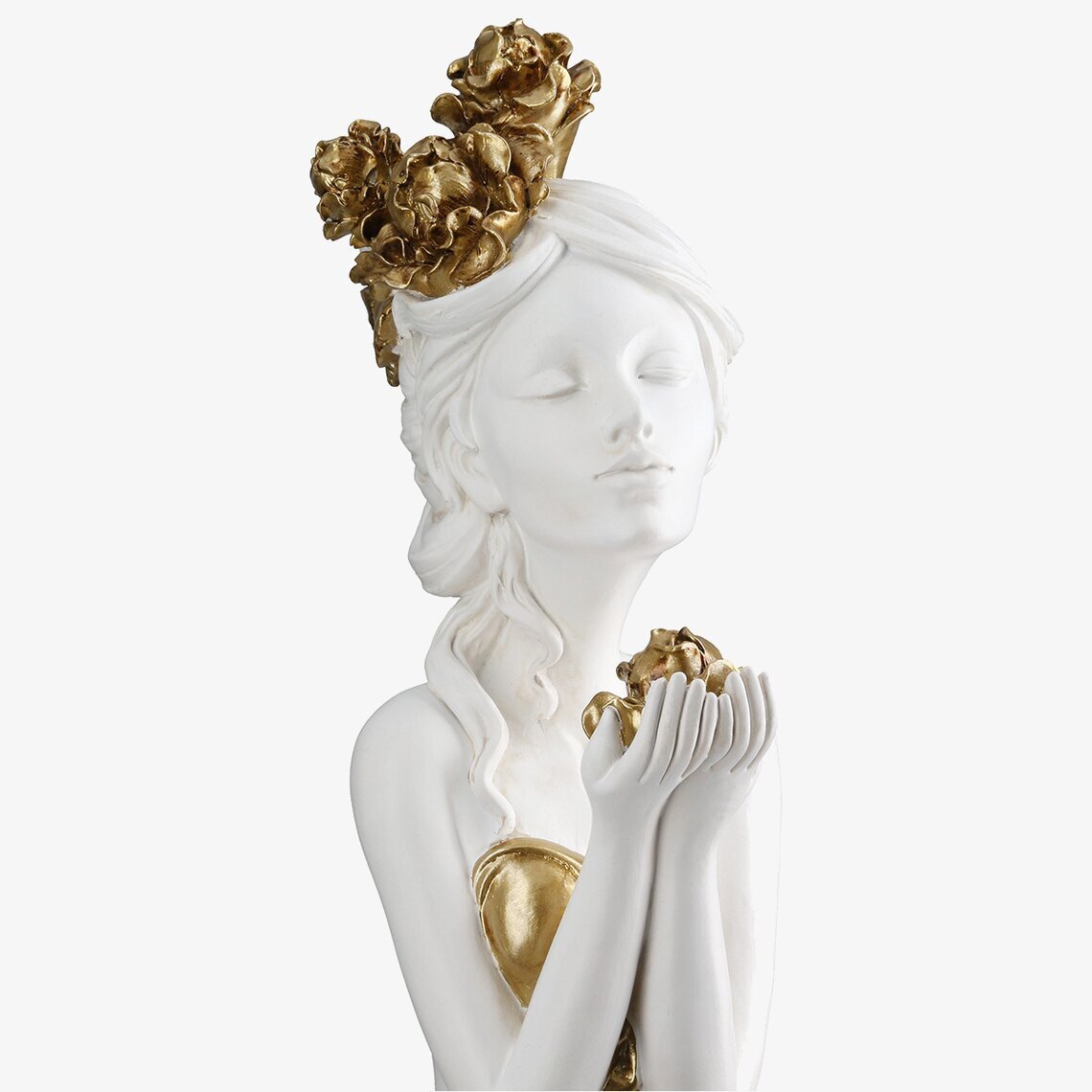 Skulptur Kvinna Med Rosor Vit Guld Gilde Statyer, statyetter, figuriner för inomhusbruk eller altaner Ballerinor