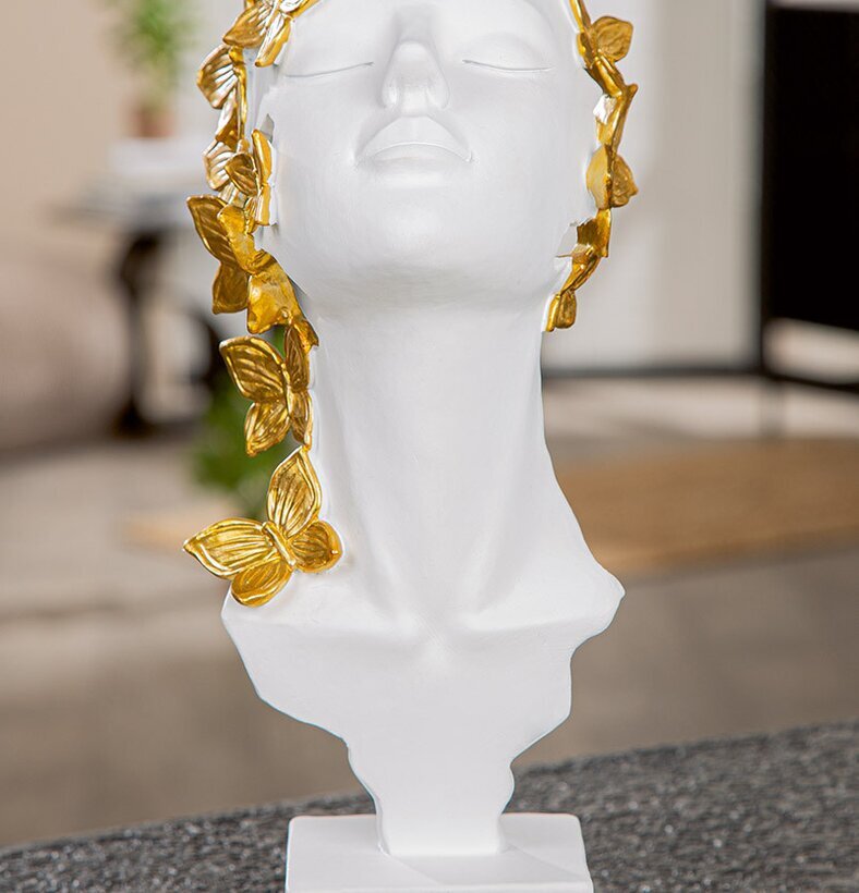 Skulptur Kvinnoansikte Med Fjärilar Vit Guld Gilde Statyer, statyetter, figuriner för inomhusbruk eller altaner Ballerinor