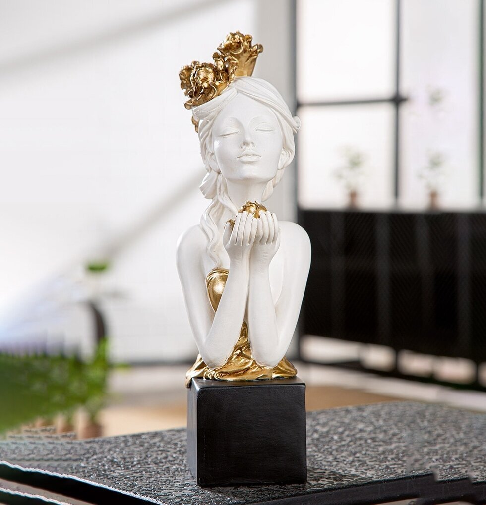 Skulptur Kvinna Med Rosor Vit Guld Gilde Statyer, statyetter, figuriner för inomhusbruk eller altaner Ballerinor