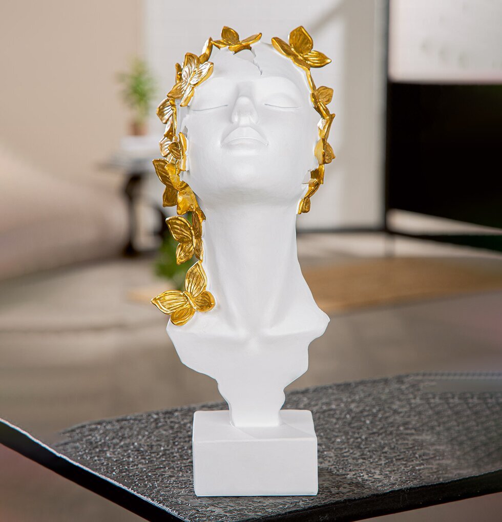 Skulptur Kvinnoansikte Med Fjärilar Vit Guld Gilde Statyer, statyetter, figuriner för inomhusbruk eller altaner Ballerinor