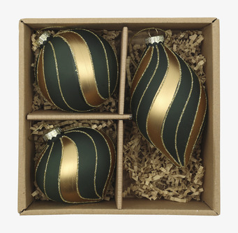 Julkulor i Ask 3-pack Olivgrön Guld Chic Antique Julgranshänge/julgransdekoration
