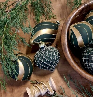 Julkulor i Ask 3-pack Olivgrön Guld Chic Antique Julgranshänge/julgransdekoration
