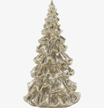 Bild: Champagnefärgad glittrig granfigur på vit bakgrund