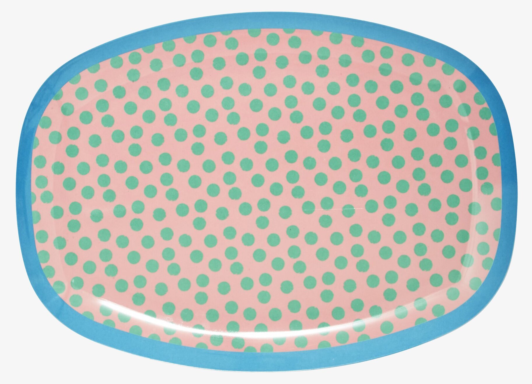 Tallrik Dot Print från Rice med rosa bakgrund och gröna prickar