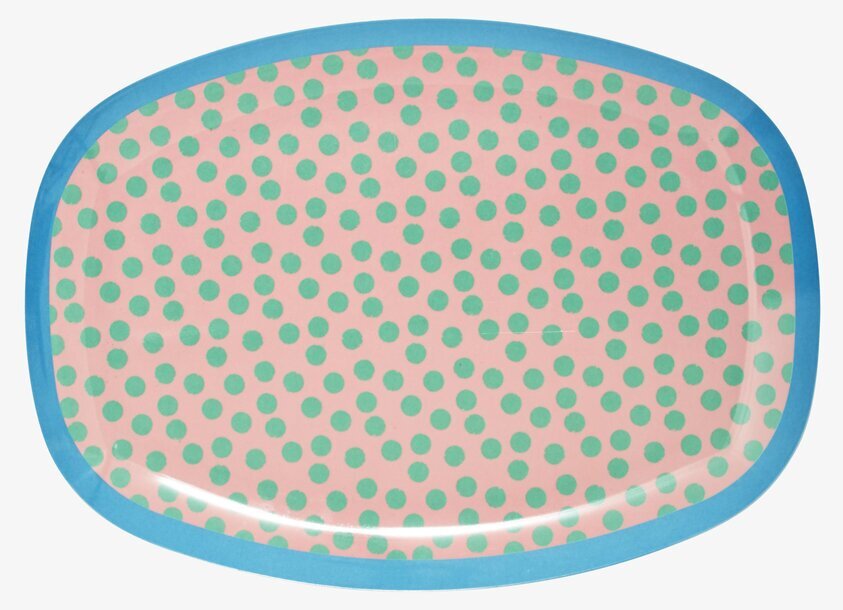 Tallrik Dot Print från Rice med rosa bakgrund och gröna prickar