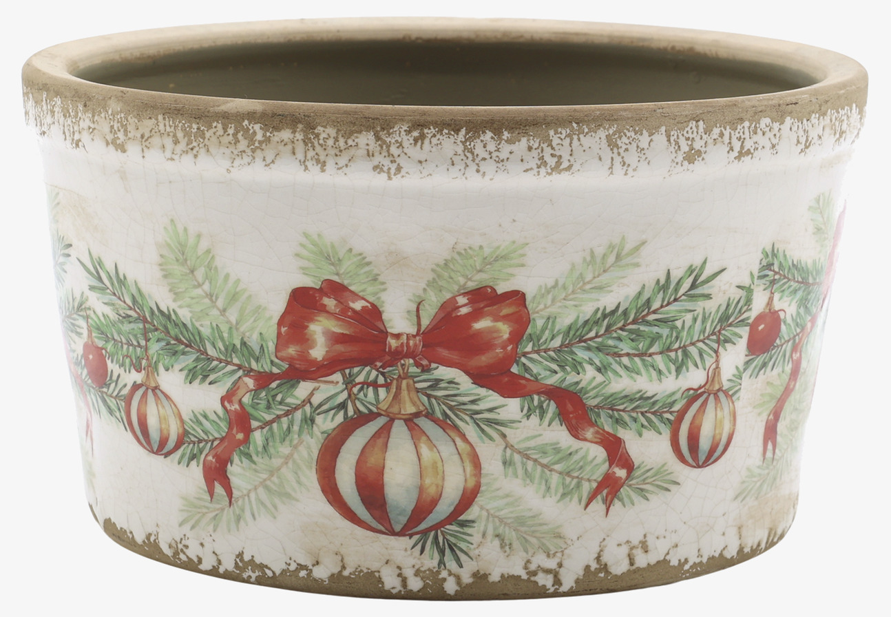 Låg Kruka med Julkulor och Rosetter Creme Ø16,5 cm Chic Antique Krukor Örtkrukor Glaskrukor
