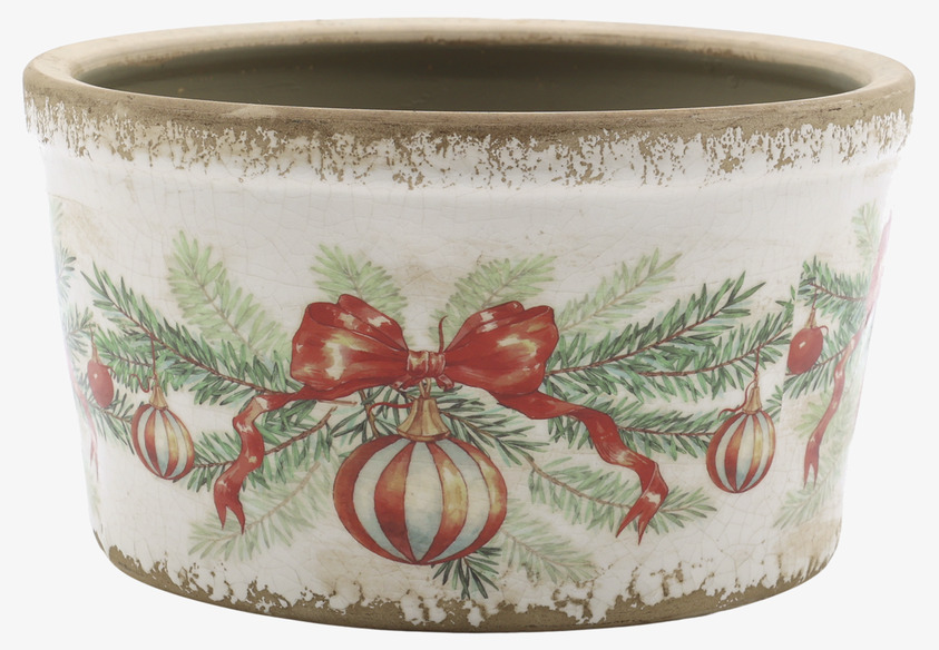 Låg Kruka med Julkulor och Rosetter Creme Ø16,5 cm Chic Antique Krukor Örtkrukor Glaskrukor
