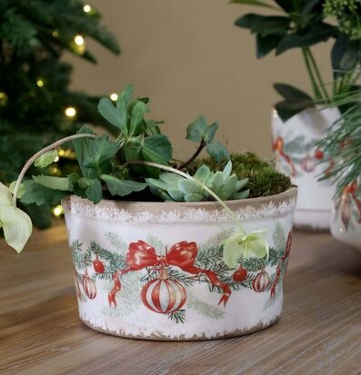 Låg Kruka med Julkulor och Rosetter Creme Ø16,5 cm Chic Antique Krukor Örtkrukor Glaskrukor