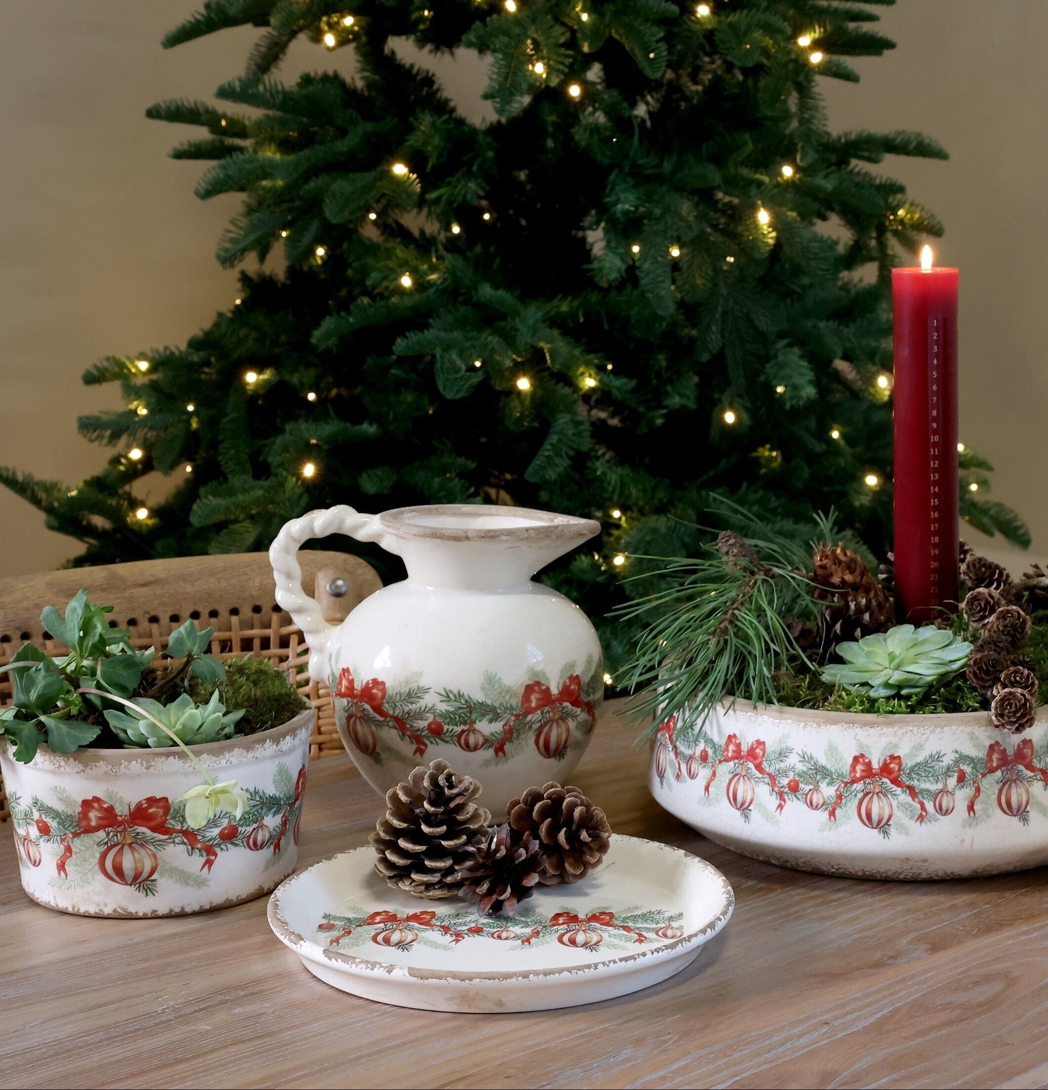 Låg Kruka med Julkulor och Rosetter Creme Ø16,5 cm Chic Antique Krukor Örtkrukor Glaskrukor