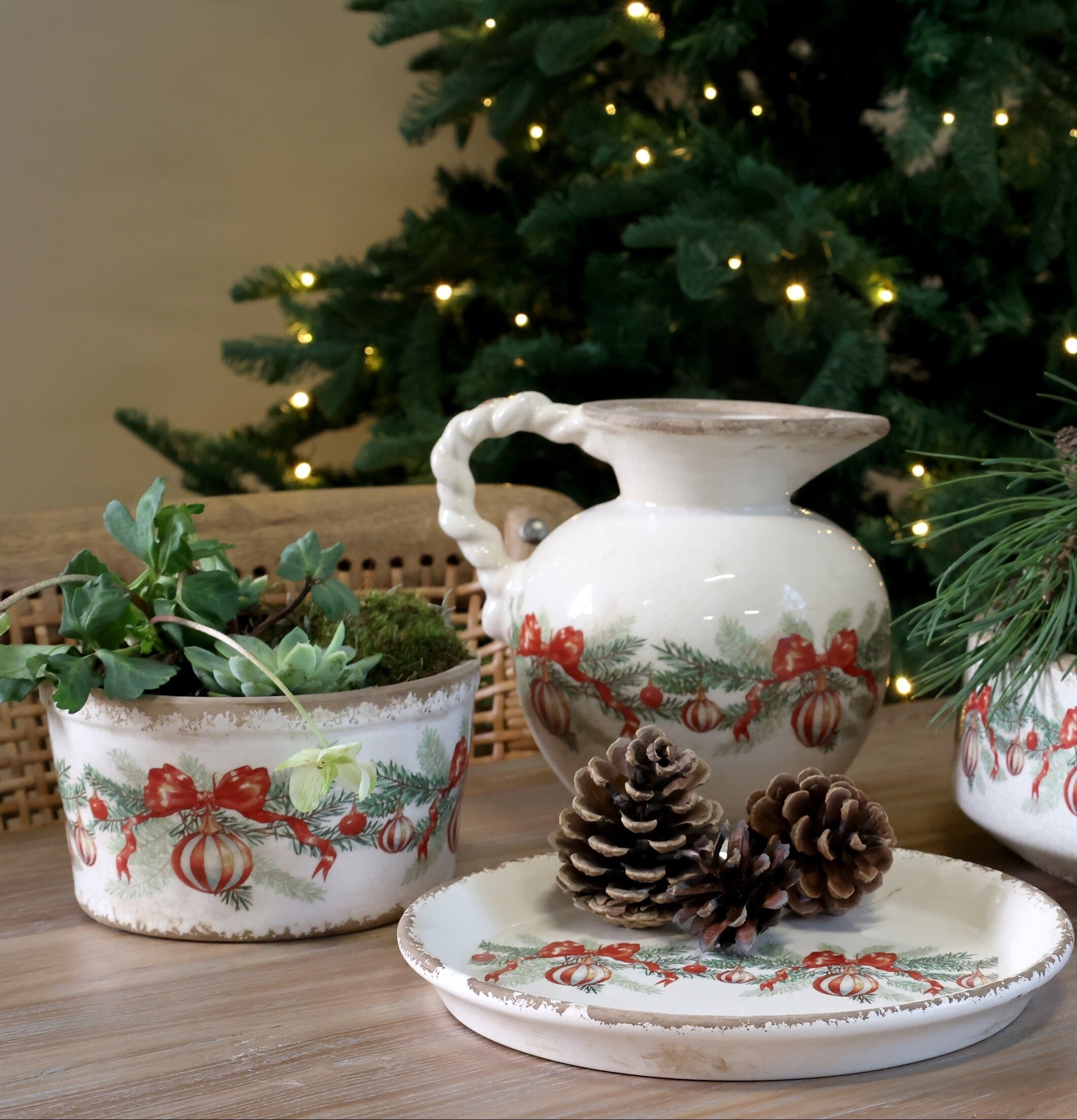 Låg Kruka med Julkulor och Rosetter Creme Ø16,5 cm Chic Antique Krukor Örtkrukor Glaskrukor