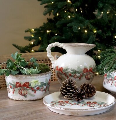 Låg Kruka med Julkulor och Rosetter Creme Ø16,5 cm Chic Antique Krukor Örtkrukor Glaskrukor